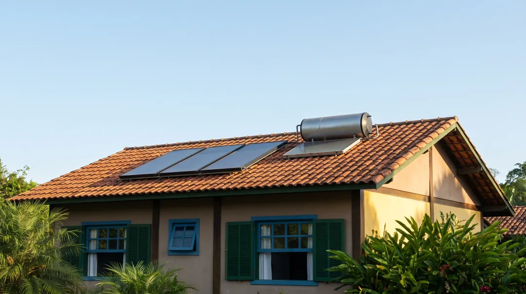 Coletores solares planos e boiler horizontal instalados no telhado de uma casa, voltados para o norte