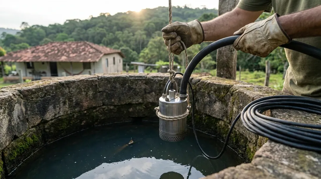 Mãos com luvas descendo uma bomba sapo prateada presa por corda num poço raso de alvenaria de um sítio