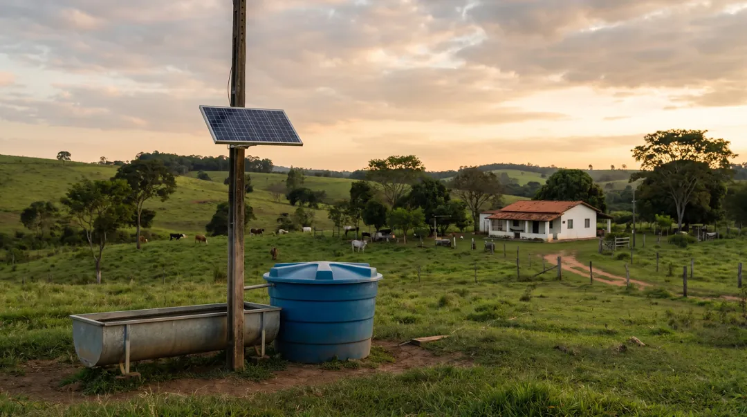 Painel solar ao lado de um poço no pasto, ligado a uma bomba que enche uma caixa d'água e um bebedouro de gado