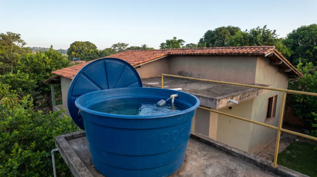 Caixa d'água de polietileno azul com tampa, sobre a laje, com boia, extravasor e registro de saída