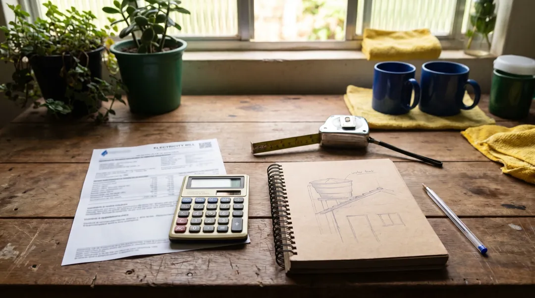 Mesa de trabalho com conta de luz, calculadora, trena e caderno com o desenho de uma casa