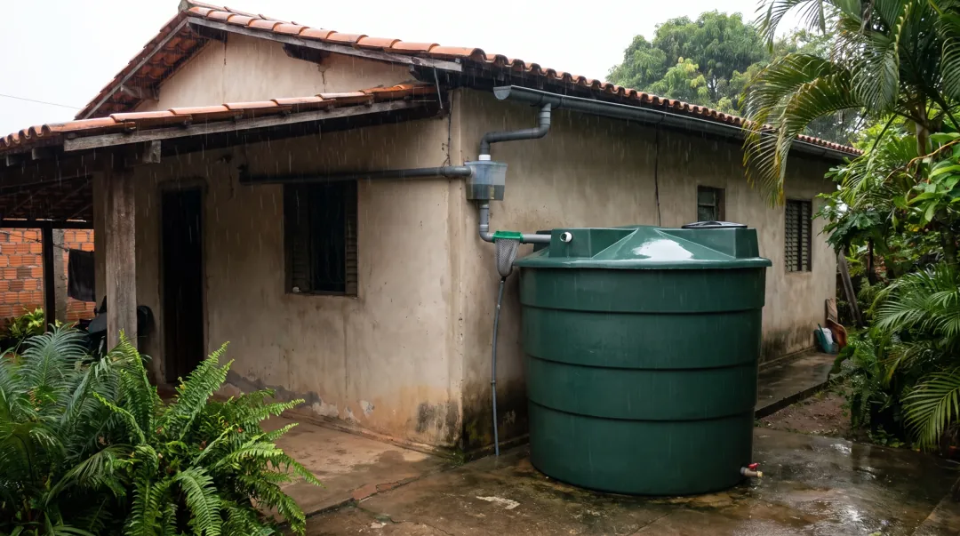 Cisterna de polietileno ao lado de uma casa, ligada à calha do telhado por um filtro e um separador da primeira água