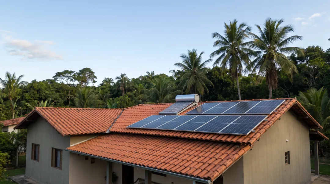 Coletores solares planos e boiler horizontal instalados no telhado de uma casa, voltados para o norte