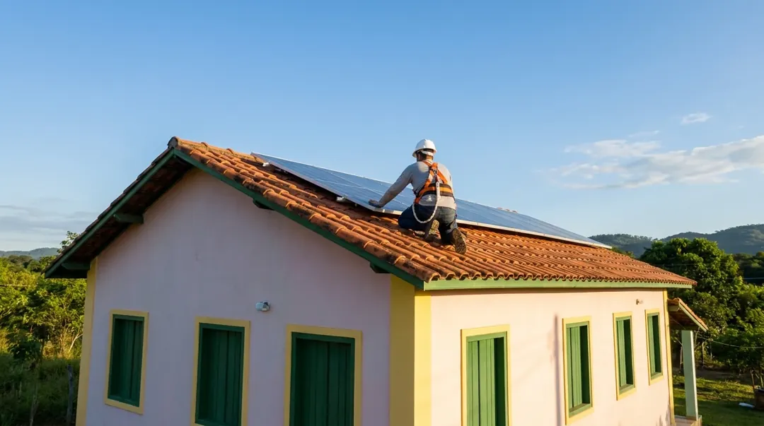 Instalador fixando placas solares no telhado de uma casa, com o inversor na parede da garagem