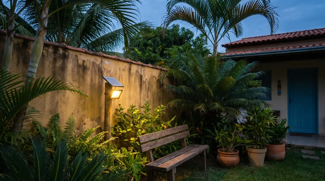Quintal à noite iluminado por arandela solar no muro, refletor solar na garagem e balizadores no jardim