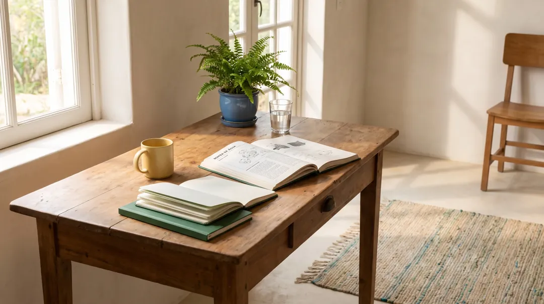 Mesa de trabalho com caderno de anotações e trena
