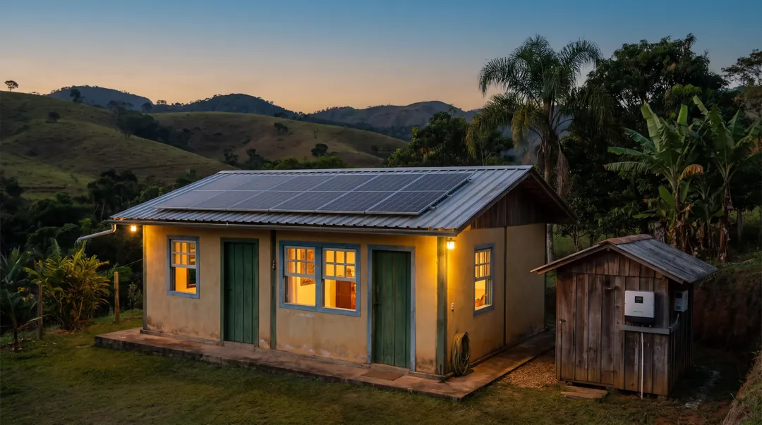 Placas solares, inversor e baterias de um sistema off-grid numa casa de sítio